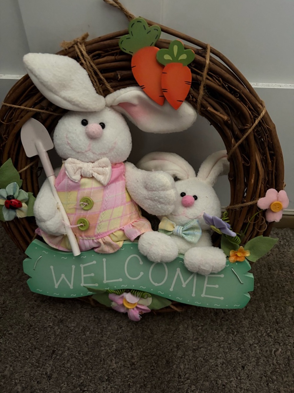 Welcome Wreath with Plush Bunnies - Pink & White